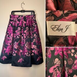 Eliza J. floral black & fuschia Jacquard elegant A-line midi skirt Size 10